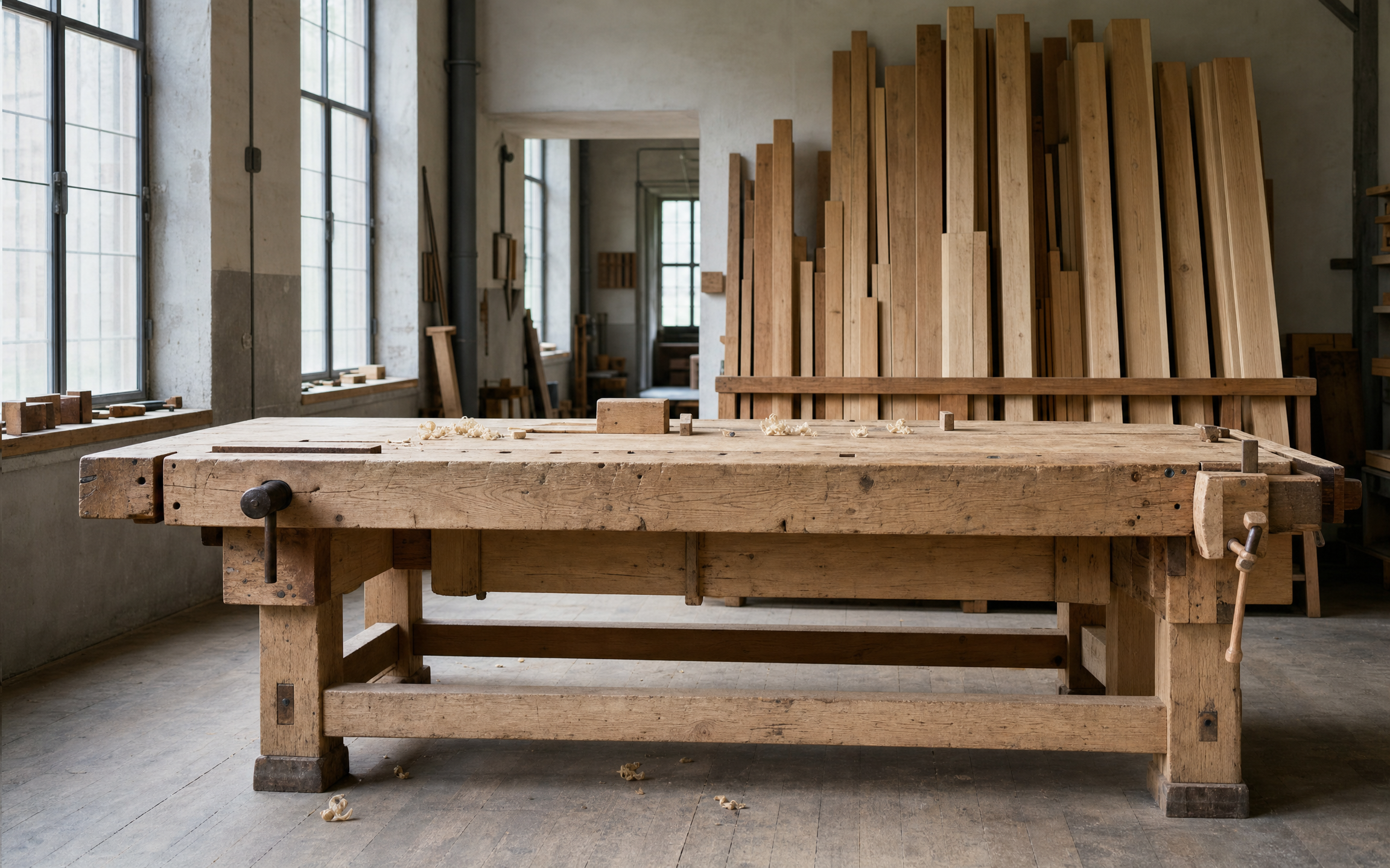 Tageslichthelle Tischlerwerkstatt mit massiver Hobelbank und gelagerten Eichenbohlen